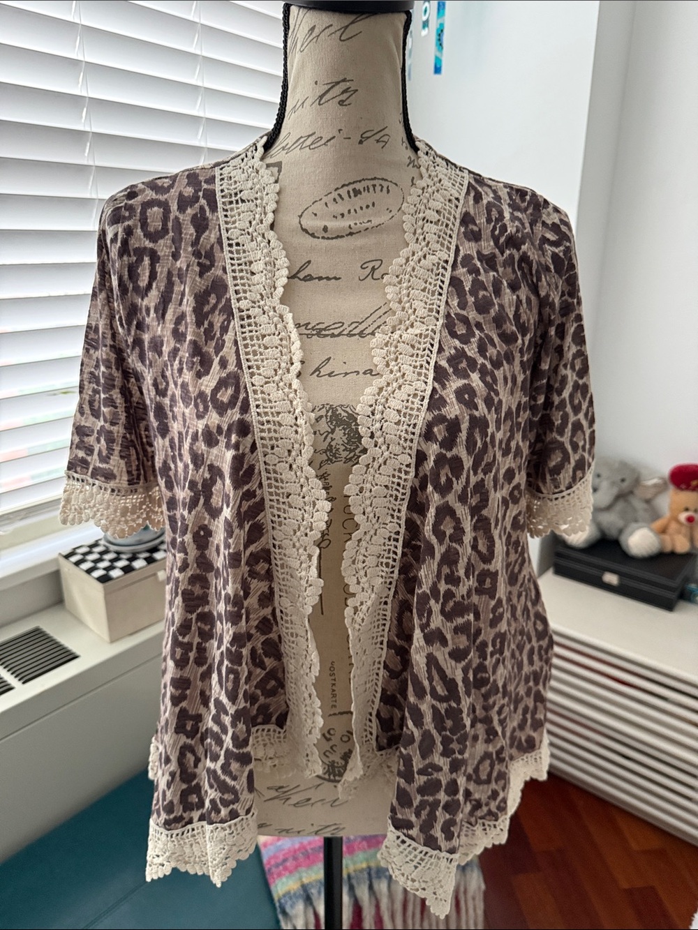 Rapsodia Leopard Print Crochet Trim Open Cardigan - Taupe & Cream